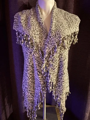 Kensie Shawl Sweater Vest w/Fringe Gray/Black/White Knit - Image 1 of 4