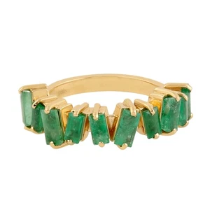 Prong Cut Baguette Emerald Gemstone Half Eternity Band Ring In 18k Yellow Gold - Picture 1 of 6