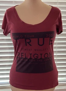 True Religion Red World Tour Scoop VNeck Cotton Blend TShirt Large Rhinestone - Picture 1 of 6