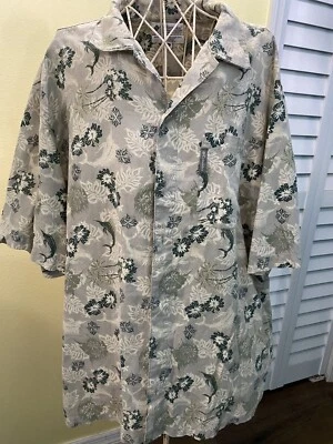 Vtg Columbia Mens Camp Collar Shirt Beige XL Fish Print Linen Blend Hawaiian - Image 1 of 4