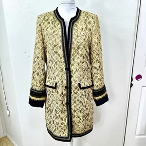 Chico’s Tapestry Gold Black Artisian Embellished Long Jacquard Jacket Sz M (1) - Picture 1 of 9