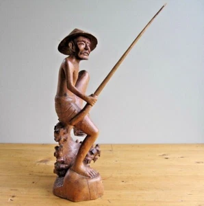 Vintage Chinese Carved Wooden Figure of a Man Fishing - Picture 1 of 10