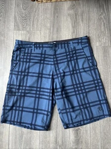 Da Hui Board Shorts 38 Hybrid Collection BLUE Plaid Logo Surf Pockets Active - Picture 1 of 5