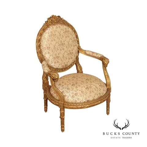 Antique French Louis XVI Style Carved Giltwood Fauteuil Armchair Cover