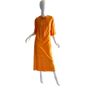 60s Vintage Thai Silk Tangerine Cheongsam Caftan Dress Maxi Small - Picture 1 of 5
