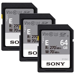 3x Sony 64GB SF-E Series UHS-II Class 10 V30 U3 270 MB/s SDXC Memory Card - Picture 1 of 3