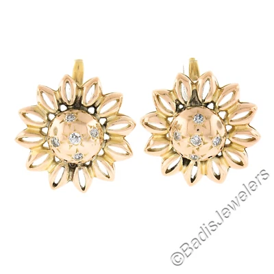Pendientes colgantes vintage retro de oro de 0,20 quilates con pavé de estrellas de diamantes de trabajo abierto con flores Foto 1 de 4
