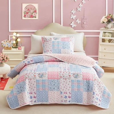 Twin Size Quilt Set for Girls, Pink n Blue Floral Patchwork Design, 2 Pieces ... - Image 1 of 4