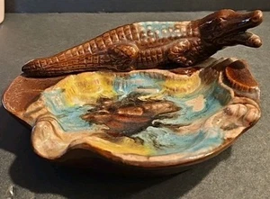 Posacenere vintage in alligatore smaltato Redware ceramica souvenir sigaretta Giappone 6" - Foto 1 di 7