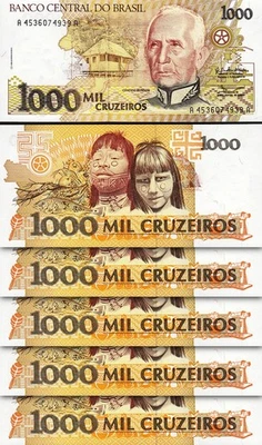 Brazil 1000 Cruzeiros 1990, UNC, 5 Pcs LOT, Consecutive, P-231, Sign 28 - Image 1 of 4