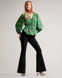 Ted Baker blusa verde con fiori alle stringhe, maniche larghe taglia 4,US 10,L - Foto 1 di 16