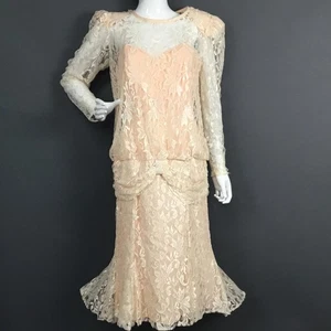 Vintage A La Carte Kleid Damen klein elfenbein Spitze pfirsichfarben Futter transparent 80er USA - Bild 1 von 11