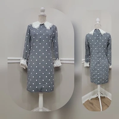 VTG'60s Gray Polka Dot Mini Dress Cottagecore Schoolgirl Wednesday Addams - Image 1 of 4