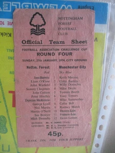 1973-74 Sunday teamsheet Nottingham Forest v Manchester City FA cup 4 27.1.1974 - Picture 1 of 1