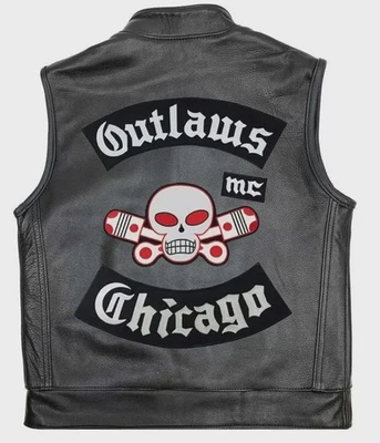 Outlaws MC Chicago Biker Vest Men’s Black Leather Club Motorcycle Riding Vest - Image 1 of 3