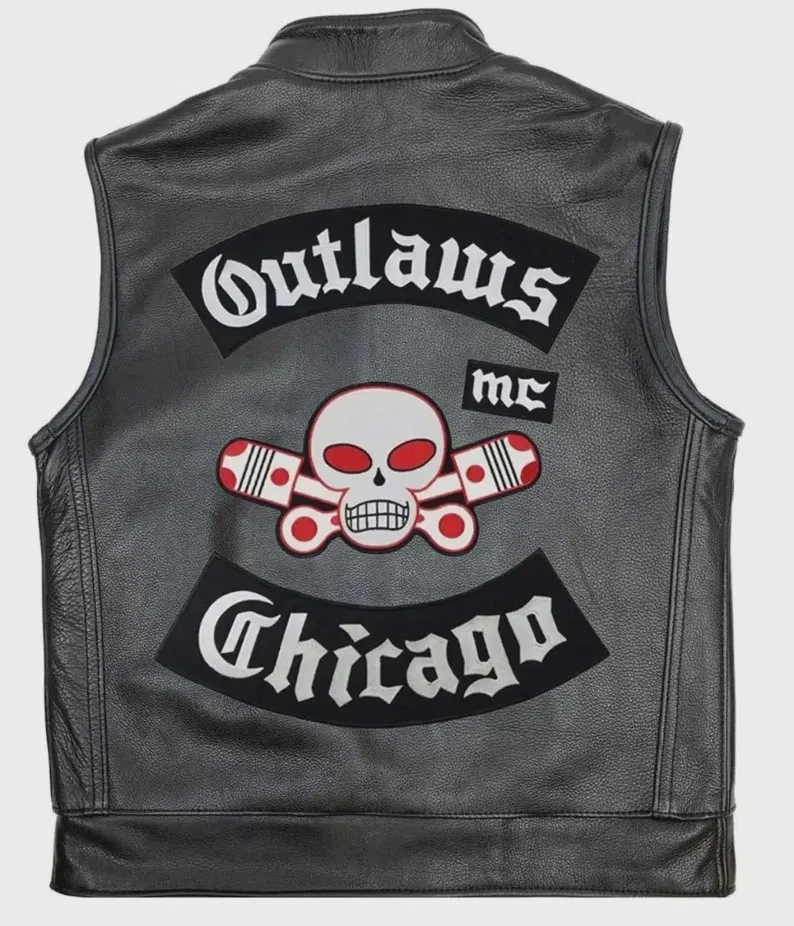 Outlaws MC Chicago Biker Vest Men’s Black Leather Club Motorcycle Riding Vest - Image 1 of 3