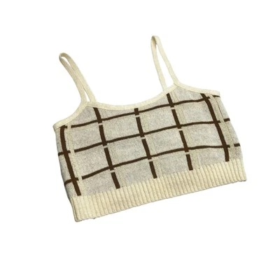 Camiseta sin mangas West of MELROSE a cuadros You Came para mujer talla pequeña marrón crema Foto 1 de 4