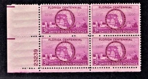1945 U.S. 3c Red Vio FLORIDA STATEHOOD Plt#Blk of 4 Sc#927 M/NH/OG Pristine ^ - Picture 1 of 1