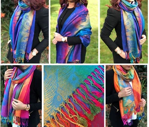 Large Multi Colour Leaf Paisley Print Pashmina Shawl Scarf Wrap Bright Rainbow - Picture 1 of 1,026
