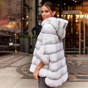 Women Fur Jacket Coat Real Rex Rabbit Fur Coat Jacket Batwing Sleeve With Hooded - Picture 1 of 13