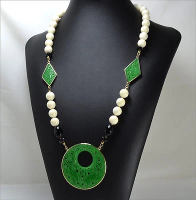 Collar Oro 18KT Puntos Hueso 10MM Jade Verde Ónix Ogln 034 - Imagen 1 de 3