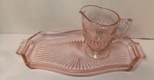 Vintage Pink Depression Glass Vanity Tray With Handles + Cup Starburst **READ - Picture 1 of 10
