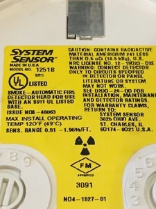 SYSTEM SENSOR 1251B ION / IONIZATION DETECTOR HEAD (1 YR. PROT. PLAN, 70+) - Picture 1 of 2
