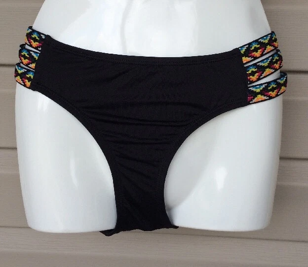 LUCKY BRAND SAHARA HIPSTER TRIBAL LADO NATACIÓN BIKINI PARTE INFERIOR NEGRO PEQUEÑO NUEVO $48 Foto 1 de 1