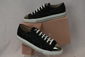 NIB MIU MIU PRADA 5E8998 BLACK GLITTER METAL CAP TOE LOGO SNEAKERS 41 ITALY - Picture 1 of 12