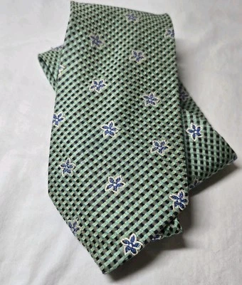 UNGARO Italian Silk Tie – Green & Blue Lattice Floral Print Men's Classic - Image 1 of 4