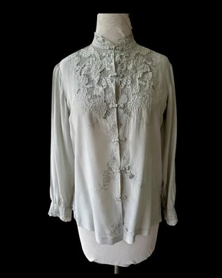 Vtg Peony 100% Silk Hand Embroidered Grey Blouse Lace Cutwork Top 38 US8 1950s - Image 1 of 4