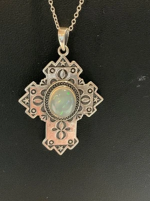 Humanly Krafted Signed Handcrafted Artisan Sterling Silver Opal Cross Pendant - Image 1 of 4