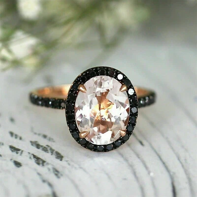 14K Rose Gold Over 2Ct Oval Simulated Peach Morganite&Black Diamond Halo Ring - Image 1 of 4
