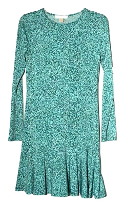 Платье Michael Kors зеленое синее абстрактное с крапинками расклешенное низ с длинным рукавом размер S - Изображение 1 из 4