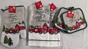 Christmas Holiday Kitchen Towels, Pot Holders, Oven Mitt 5pc Set -Truck & Barn - Picture 1 of 6