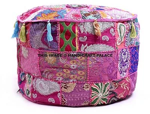 New Large Indian Round Seating Pouf Cover Footstool Vintage Patchwork Ottoman US - Picture 1 of 3
