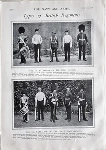 1906 MILITARY PRINT BRITISH REGIMENTS 1ST BATT IRISH GUARDS 2ND BATT COLDSTREAM - Picture 1 of 1