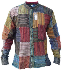 Patchwork Striped Grandad Hippie Cotton Light Summer Festival Casual Shirt Kurta - Picture 1 of 4