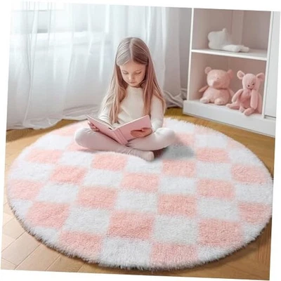  Alfombras redondas rosas de 5 pies para dormitorio de niñas, alfombra circular suave mullida a cuadros  Foto 1 de 4