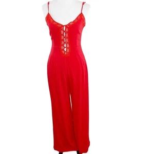 Avec Red 1 piece Sleeveless JumpSuit Pantsuit Crochet Insert Trim Small NWOT - Picture 1 of 11