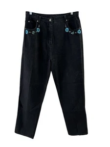 Carole Little Vintage Turquoise Beaded High Rise Black Cotton Straight Leg Jeans - Picture 1 of 5