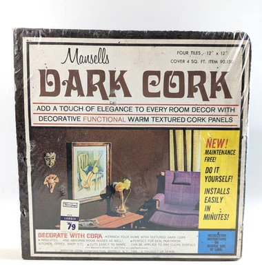 Azulejos de corcho Mansells vintage, 12 x 12 utilería años 70 4 pies raros, marrón mediterráneo oscuro Foto 1 de 4