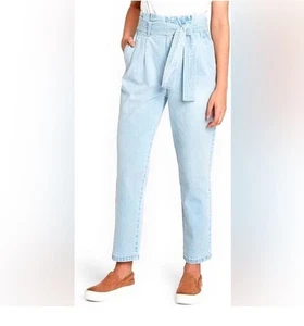 Any Day Denim Paper Bag Waist Crop Jeans High Rise Tie Belted Blue Size 14 - Picture 1 of 18