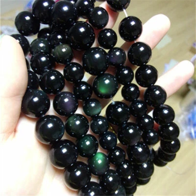 Natural 4/6/8/10/12/14/16mm Black Rainbow Eye Obsidian Round Loose Beads 15'' - Image 1 of 4