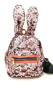 *NEW* Girls Amiana Pink Sequin Girls Bunny Ears Backpack Gift Pockets Zipper - Picture 1 of 4
