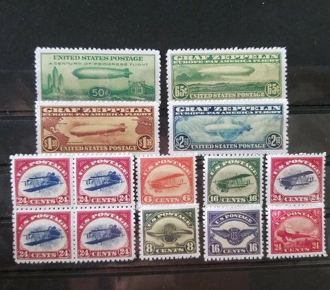 US Stamps Airmail Stamp Replica Set First 6 Air Mail Inverted Jenny Zeppelin C15 Cover