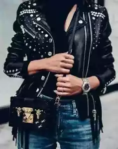 New Women Simple Punk Studded Brando Black Leather Jacket for Women,Biker sale - Picture 1 of 4