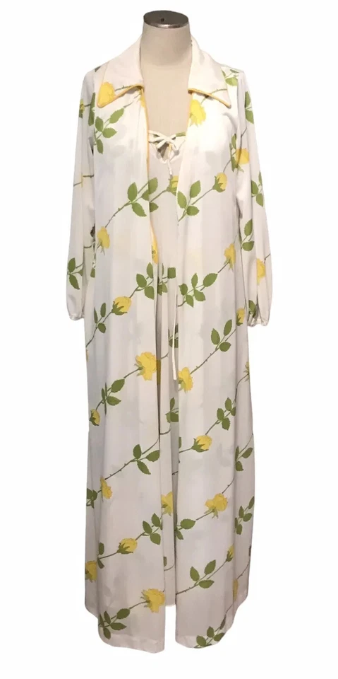 Christian Dior Robe And Gown Set Yellow Roses Vintage Satin No Belt Women’s Sz L - Image 1 of 4
