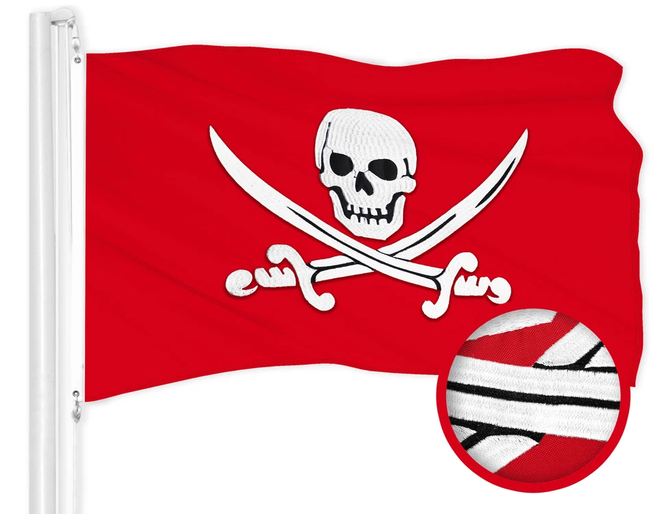 G128 Pirate Jolly Roger Swords Red Flag 16x24 In Embroidered 300D Polyester