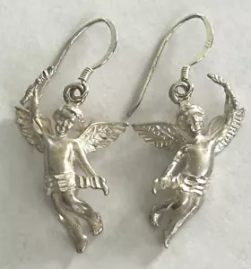 Sterling Silver Cherub Large Angel Hook Dangle Earrings 925 5 grams - Picture 1 of 2